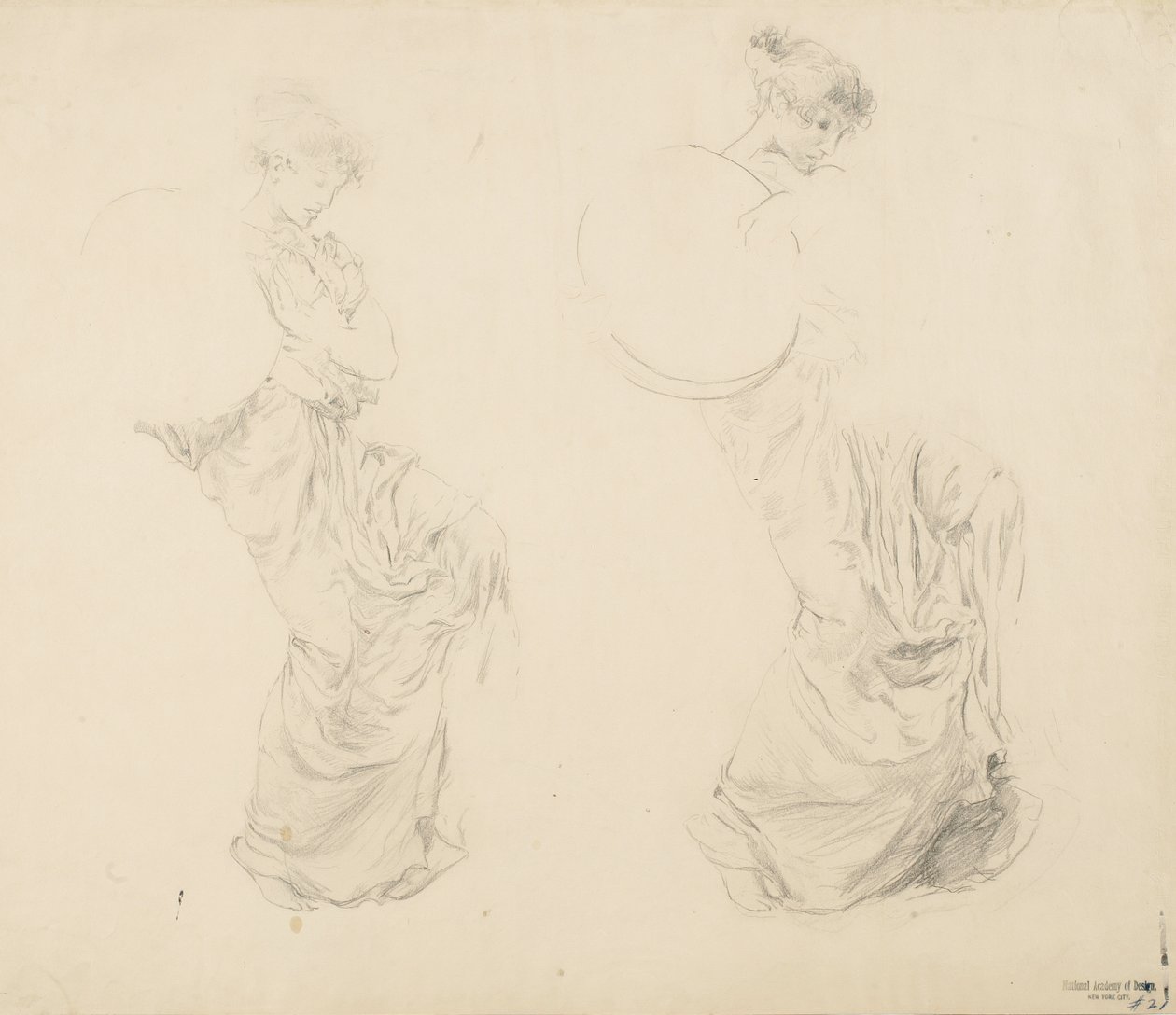 Tutkimus kahdesta naishahmosta Moods to Music -seinämaalaukseen, 1893-1895 (grafiitti punaisella kynällä kiiltävällä kudospaperilla) tekijältä Robert Frederick Blum