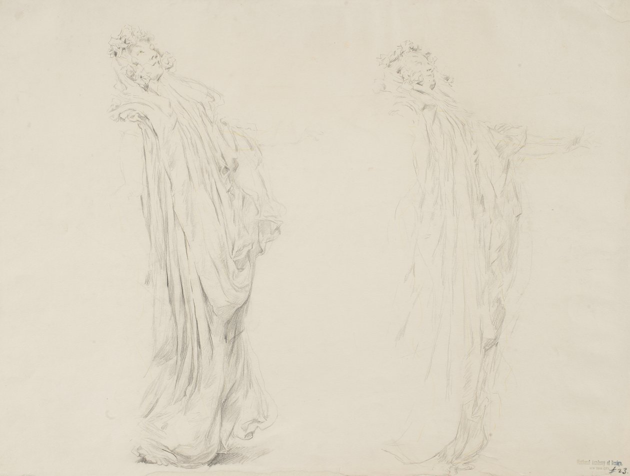 Tutkimus kahdesta naishahmosta Moods to Music -seinämaalaukseen, 1893-95 (grafiitti keltaisella lyijykynällä kermanvärisellä paperilla) tekijältä Robert Frederick Blum