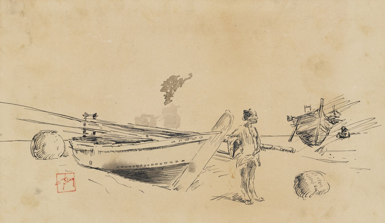 Kaksi japanilaista kalastusvenettä rannalla, 1867-1903 tekijältä Robert Frederick Blum