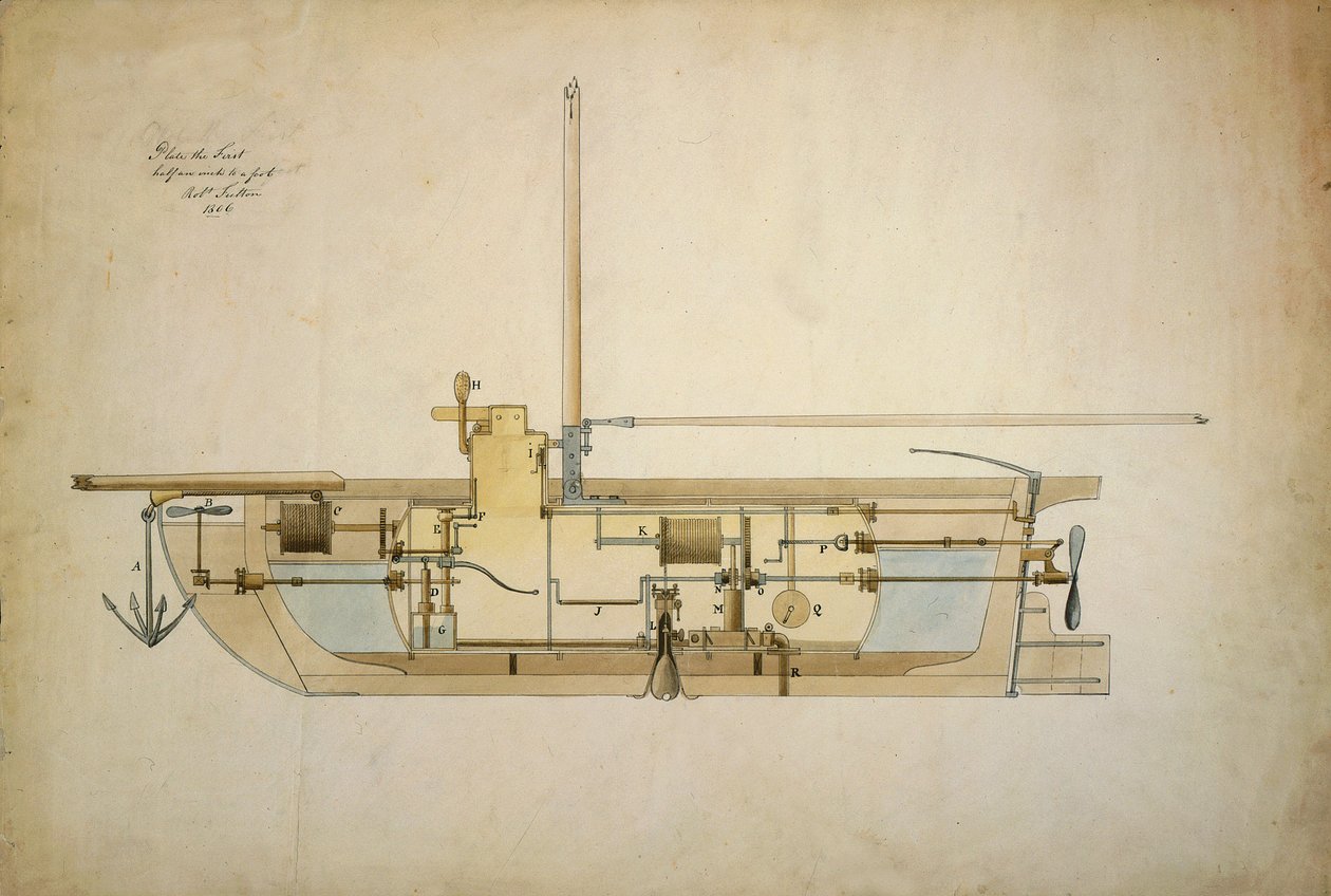 Alkuperäinen piirustus Nautiluksesta, ensimmäisestä vedenalaisesta veneestä (sukellusvene), jonka sen keksijä Robert Fulton (1765-1815) esitti Yhdysvaltain senaatille vuonna 1806. tekijältä Robert Fulton