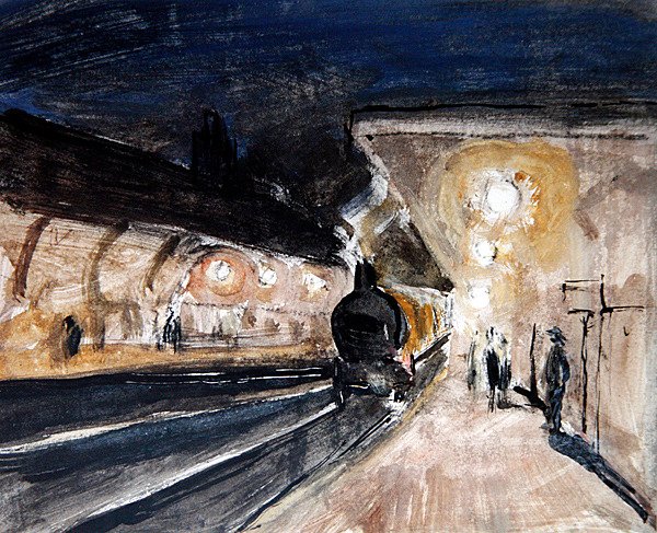 Brentwood Station, n. 1920 (lyijykynä, muste, akvarelli ja vartaloväri paperille) tekijältä Robert Graham Dryden Alexander
