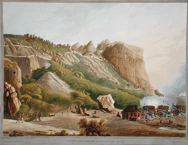 Sewandroogin pohjoisnäkymä, jossa näkyy hyökkäys joulukuussa 1791, kuvitus teoksesta "Twelve Views of Mysore, the Country of Tipoo Sultan", kaiverrettu ja väritetty J.W. Edyn toimesta, julkaistu 1804 (värillinen akvatintta). tekijältä Robert H. (after) Colebrooke