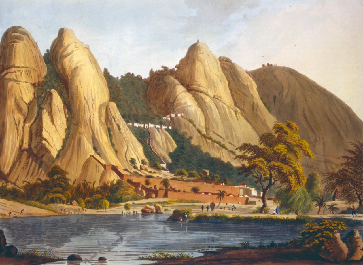Eteläinen näkymä Sewandroogista, kuvitus teoksesta Twelve Views of Mysore, the Country of Tippoo Sultan kaiverrettu ja värjätty J.W. Edy, julkaistu 1804 (värillinen akvatinta) tekijältä Robert H. Colebrooke