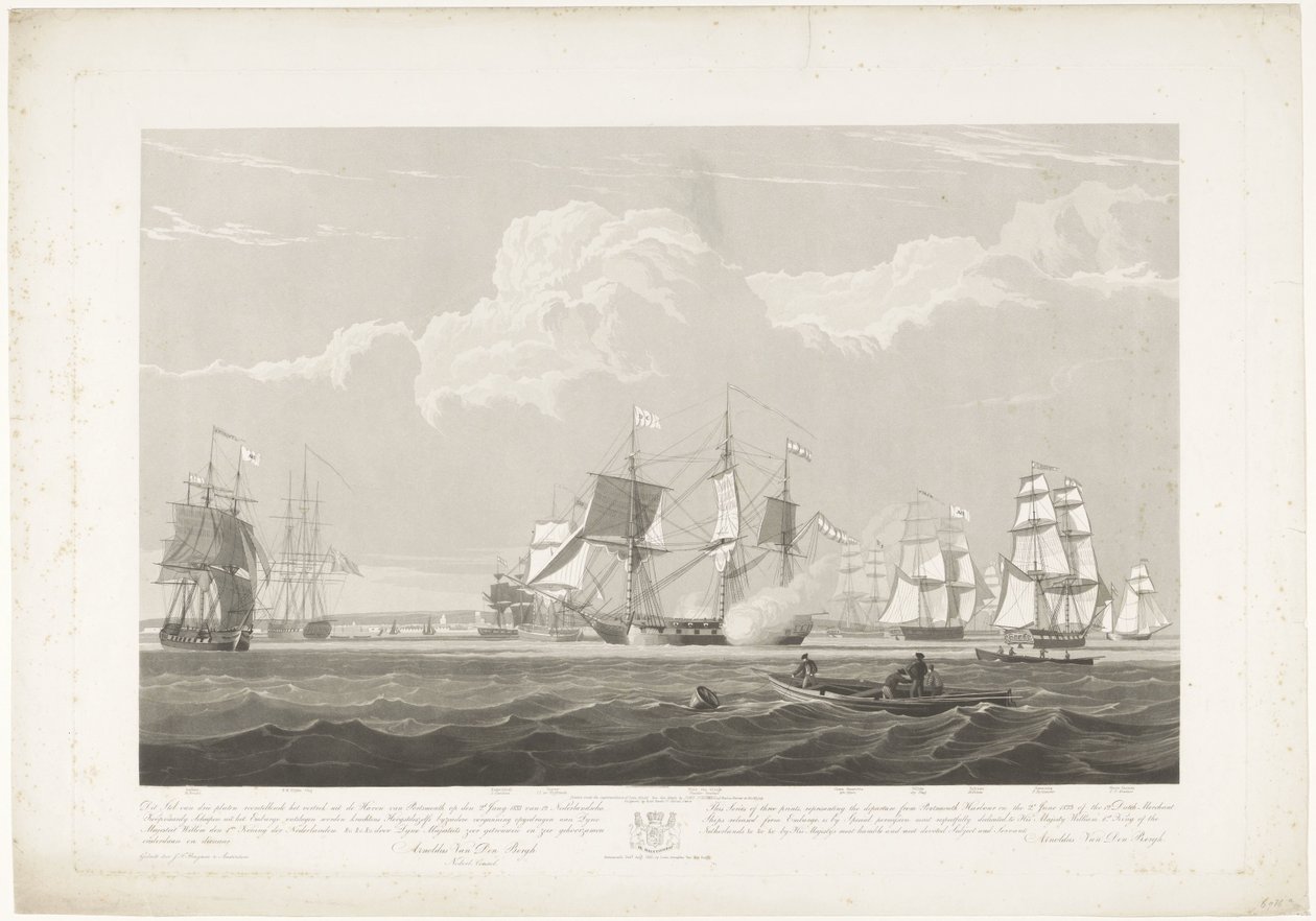 Kahdentoista hollantilaisen kauppalaivan lähtö Portsmouthin satamasta, 1833 (taulu 3) Tämä kolmen levyn sarja, joka kuvaa 12 Nederlandsche Koopvaardy -aluksen lähtöä Portsmouthin satamasta 2. kesäkuuta 1833. tekijältä Robert Havell (II)