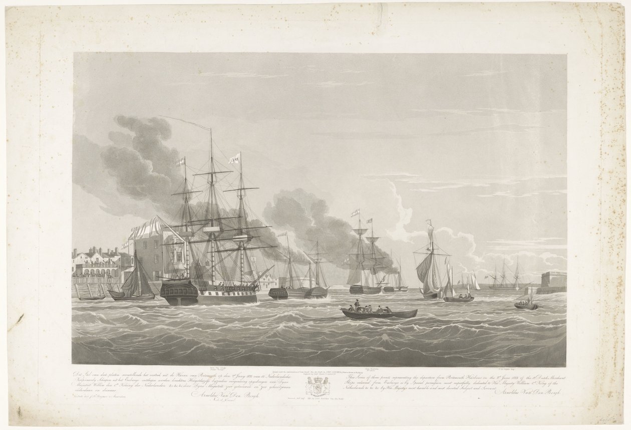 Kahdentoista hollantilaisen kauppalaivan lähtö Portsmouthin satamasta, 1833 (taulu 2) Tämä kolmen levyn sarja, joka kuvaa 12 Nederlandsche Koopvaardy -aluksen lähtöä Portsmouthin satamasta 2. kesäkuuta 1833. tekijältä Robert Havell (II)