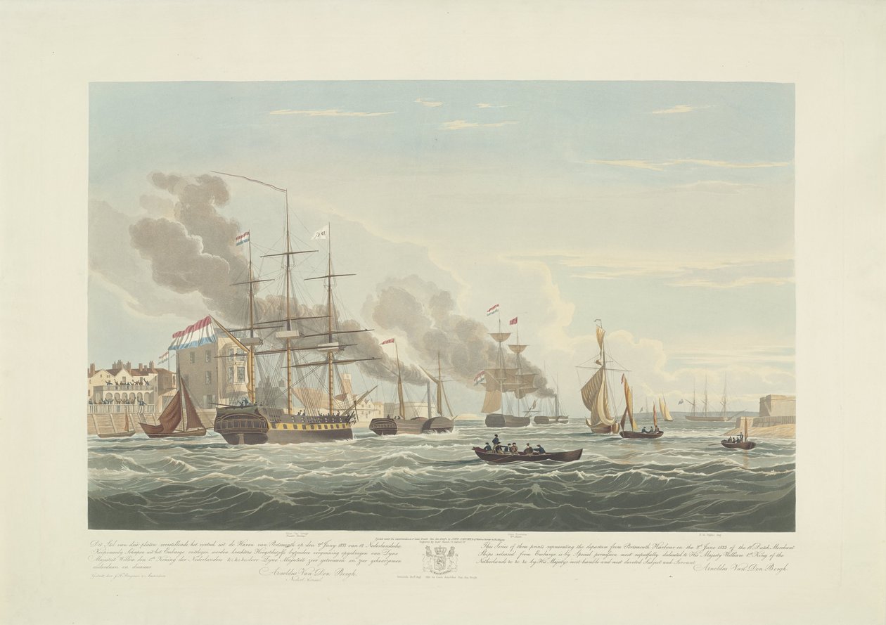 Kahdentoista hollantilaisen kauppalaivan lähtö Portsmouthin satamasta, 1833 (taulu 2) Tämä kolmen levyn sarja, joka kuvaa 12 Nederlandsche Koopvaardy -aluksen lähtöä Portsmouthin satamasta 2. kesäkuuta 1833. tekijältä Robert Havell (II)