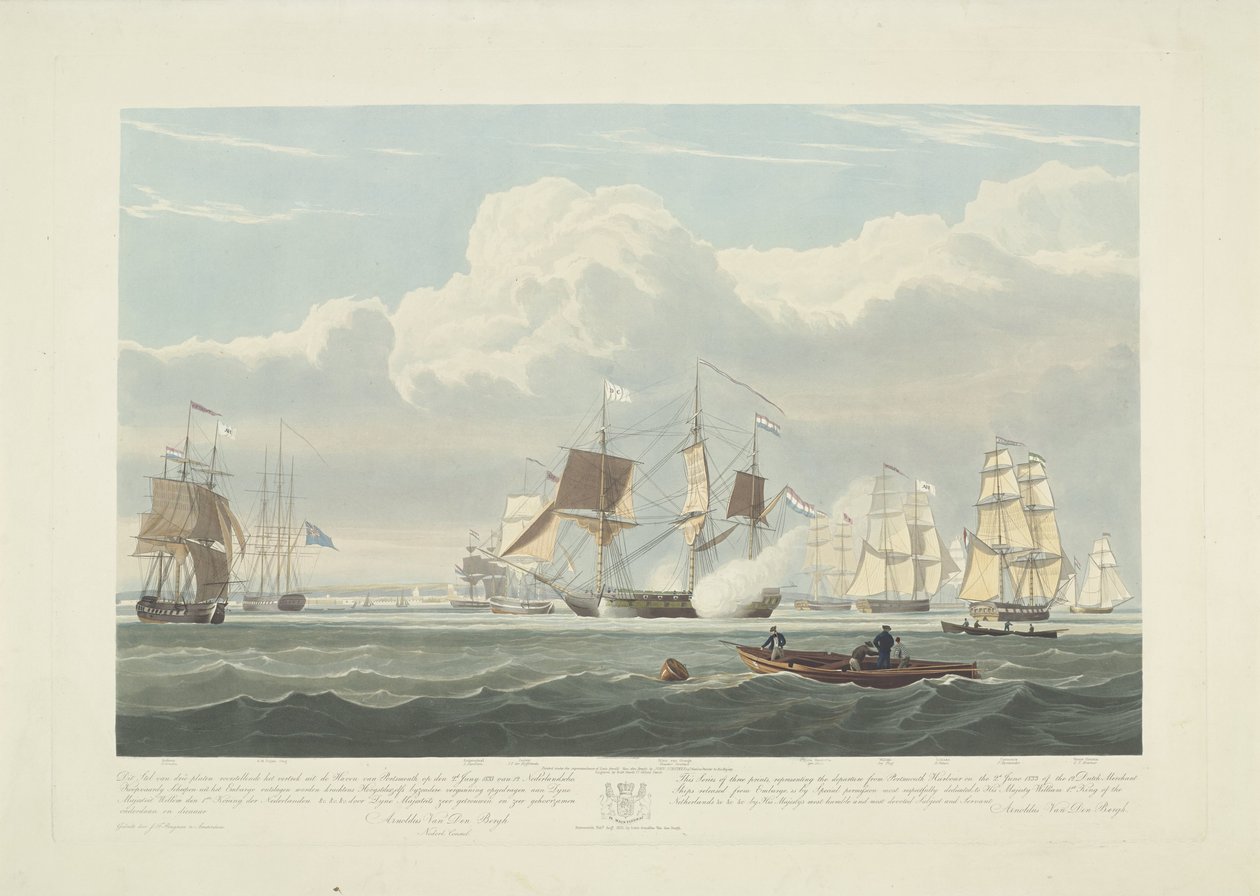 Kahdentoista hollantilaisen kauppalaivan lähtö Portsmouthin satamasta, 1833 (taulu 3) Tämä kolmen levyn sarja, joka kuvaa 12 Nederlandsche Koopvaardy -aluksen lähtöä Portsmouthin satamasta 2. kesäkuuta 1833. tekijältä Robert Havell (II)