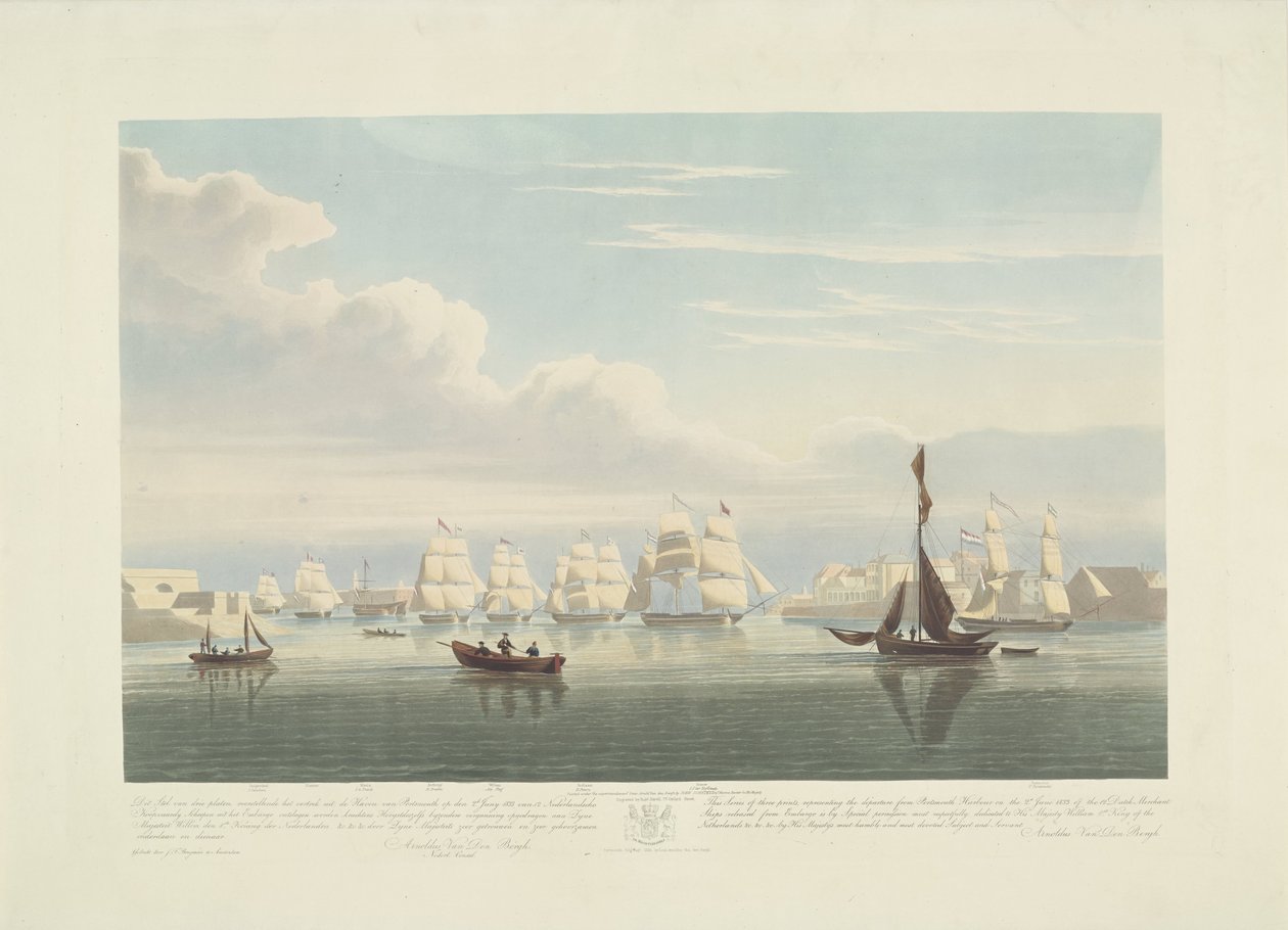 Kahdentoista hollantilaisen kauppalaivan lähtö Portsmouthin satamasta, 1833 (taulu 1) Tämä kolmen levyn sarja, joka kuvaa 12 Nederlandsche Koopvaardy -aluksen lähtöä Portsmouthin satamasta 2. kesäkuuta 1833. tekijältä Robert Havell (II)