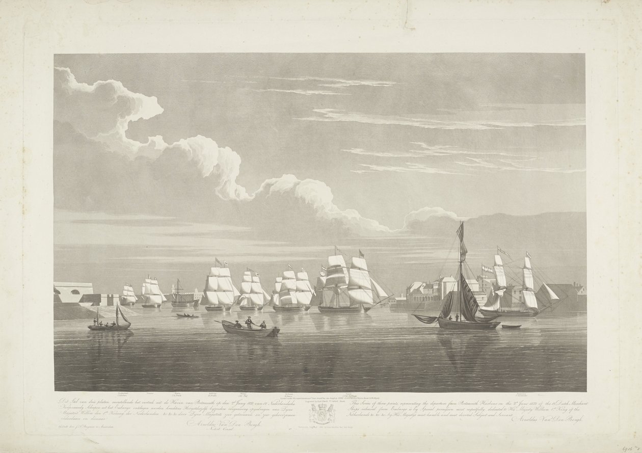 Kahdentoista hollantilaisen kauppa-aluksen lähtö Portsmouthin satamasta, 1833 (taulu 1) Tämä kolmen levyn sarja kuvaa 12 Nederlandsche Koopvaardy -laivan lähtöä Portsmouthin satamasta 2. kesäkuuta 1833 embargosta. tekijältä Robert Havell (II)