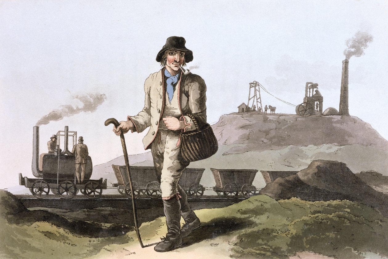 Blenkinsop-höyryveturi Middletonin kaivolla lähellä Leedsiä, Länsi-Yorkshiressä, 1814 tekijältä Robert Havell