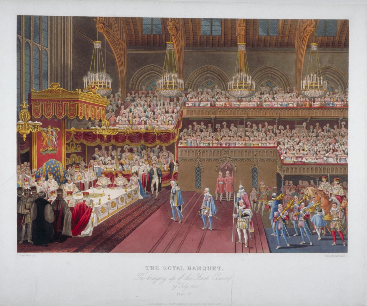 Kuningas Yrjö IV:n kruunausjuhla, Westminster Hall, Lontoo, 1821 1824. tekijältä Robert Havell