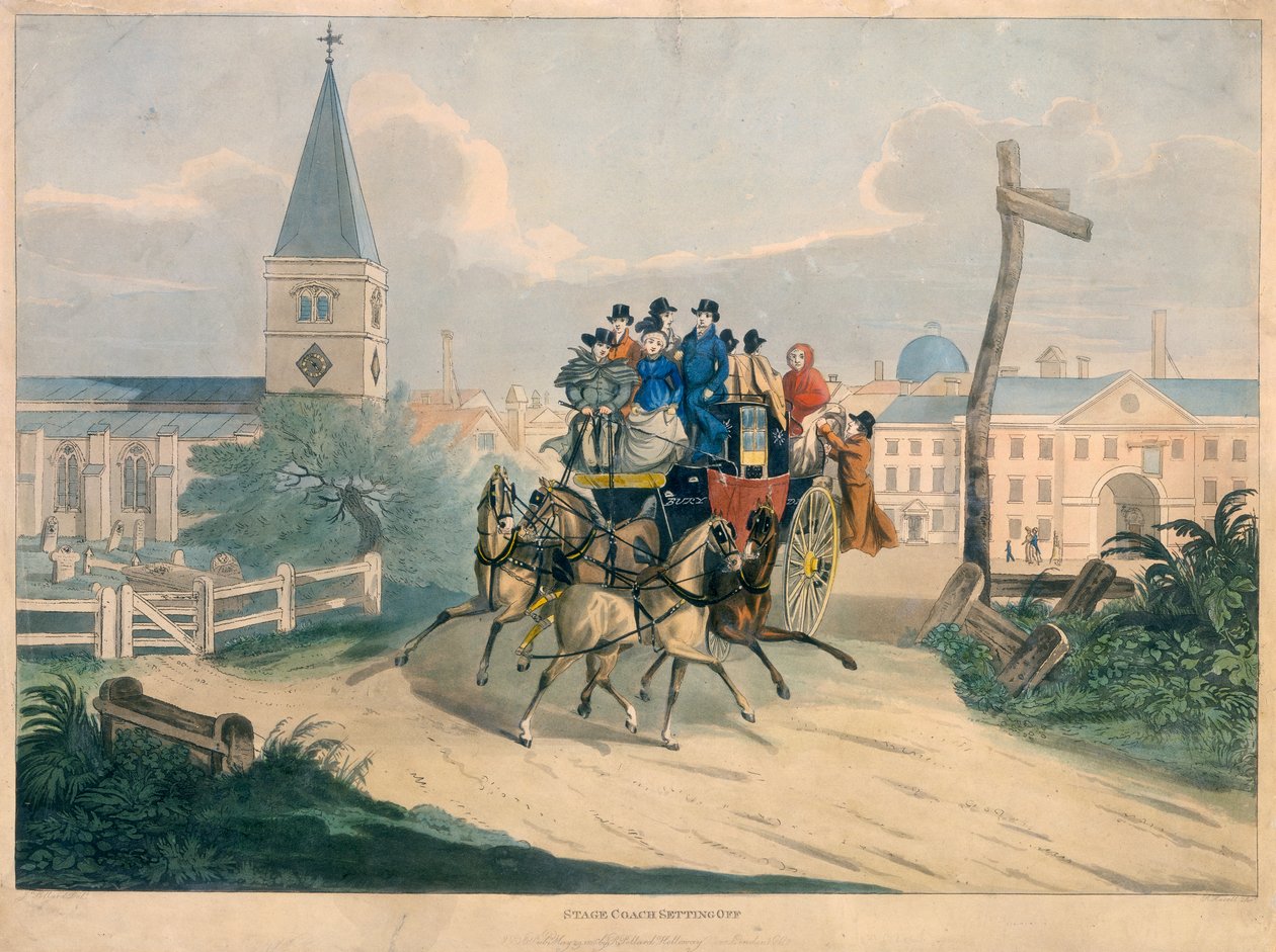 "Stage Coach Setting Off", 1800-luvun alku tekijältä Robert Havell