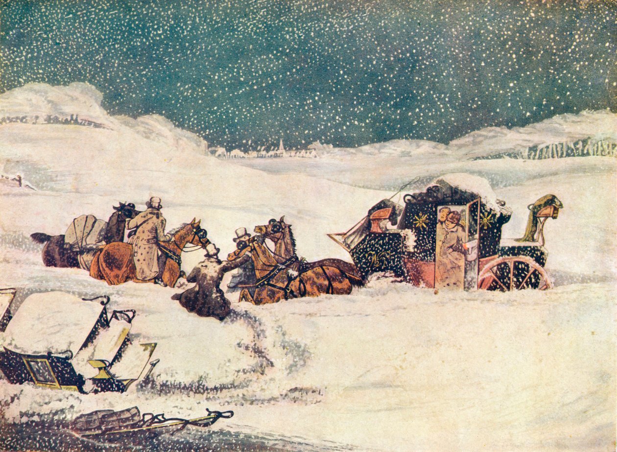 Birmingham Mail lähellä Aylesburyä, vartija Banbury etenee laukkujen kanssa, 1837 1907 tekijältä Robert Havell