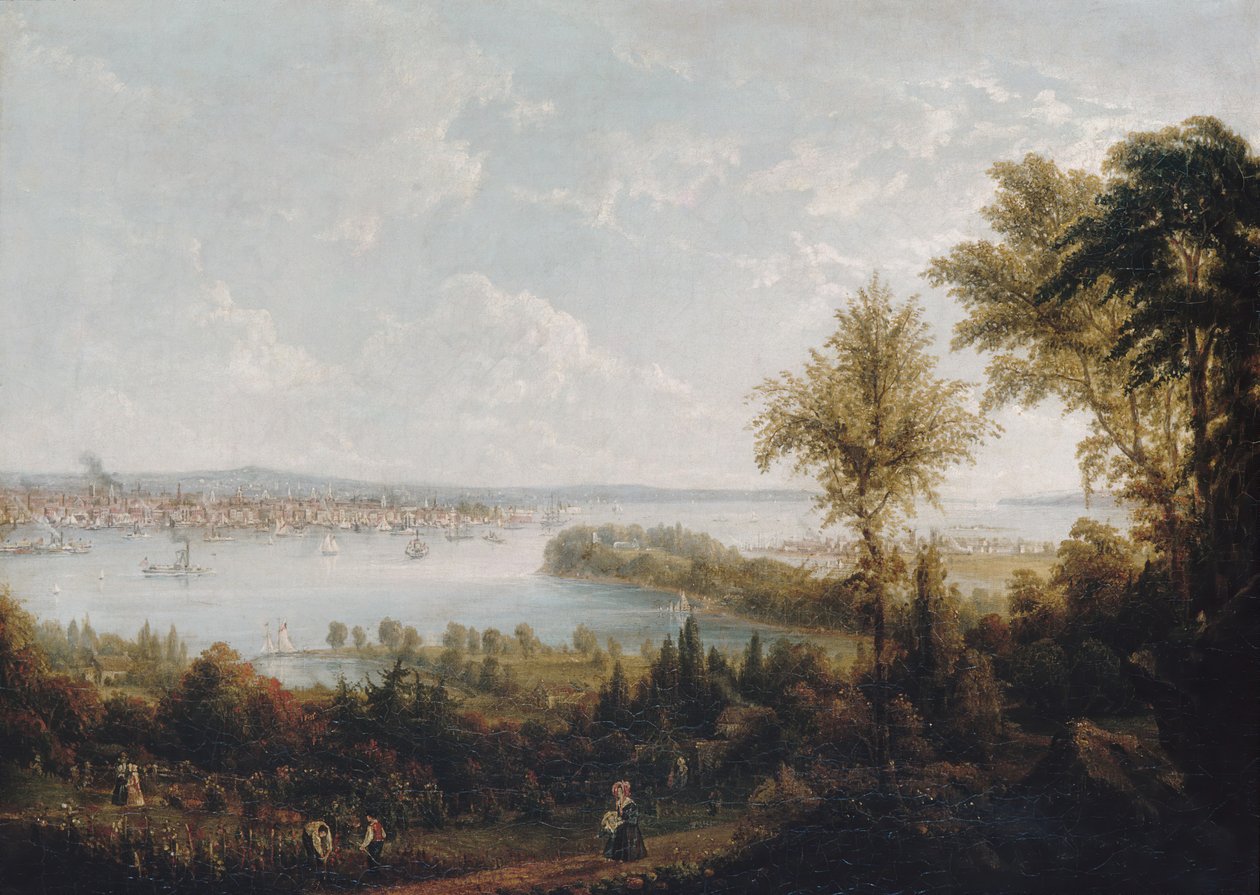 Näkymä lahdelle ja New Yorkin kaupunkiin Weehawkenista, 1840. tekijältä Robert Havell