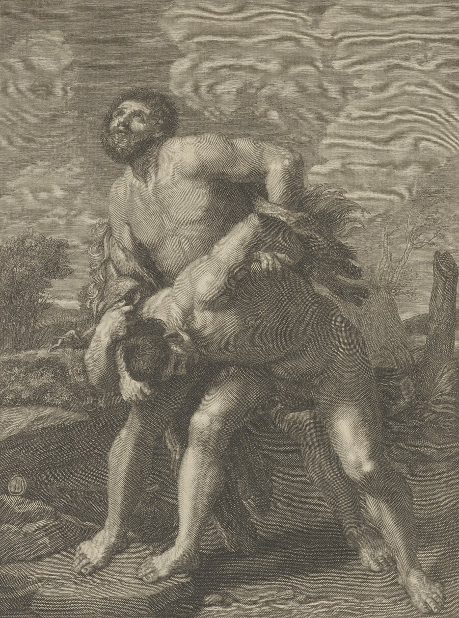 Hercules yllään leijonanahalla ja taistelee Achelousta vastaan, taustalla maisema, ..., n. 1713-72. tekijältä Robert Hecquet