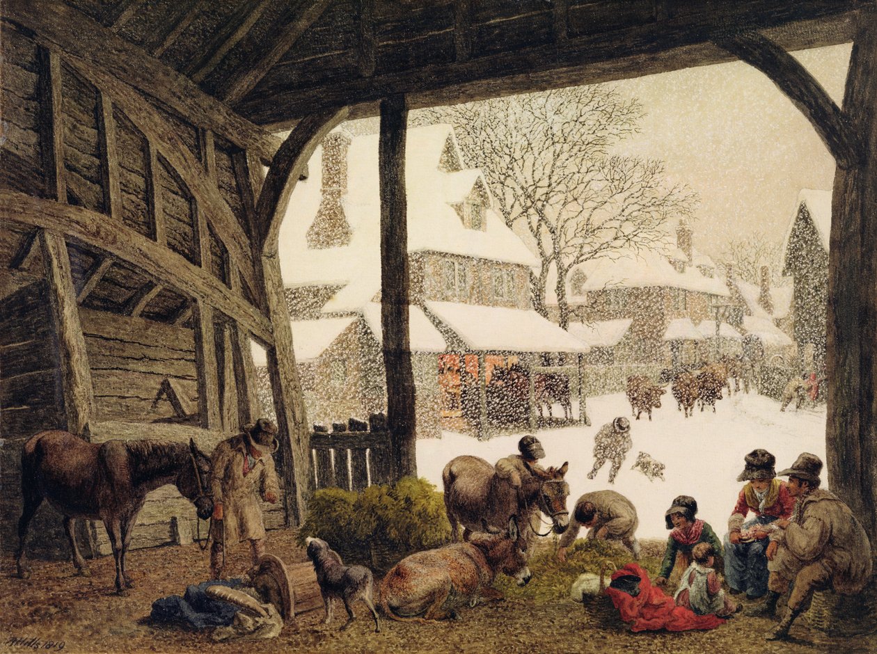 Kylän lumikohtaus, 1819 (wc, vartaloväri, raaputus grafiitin päälle) tekijältä Robert Hills