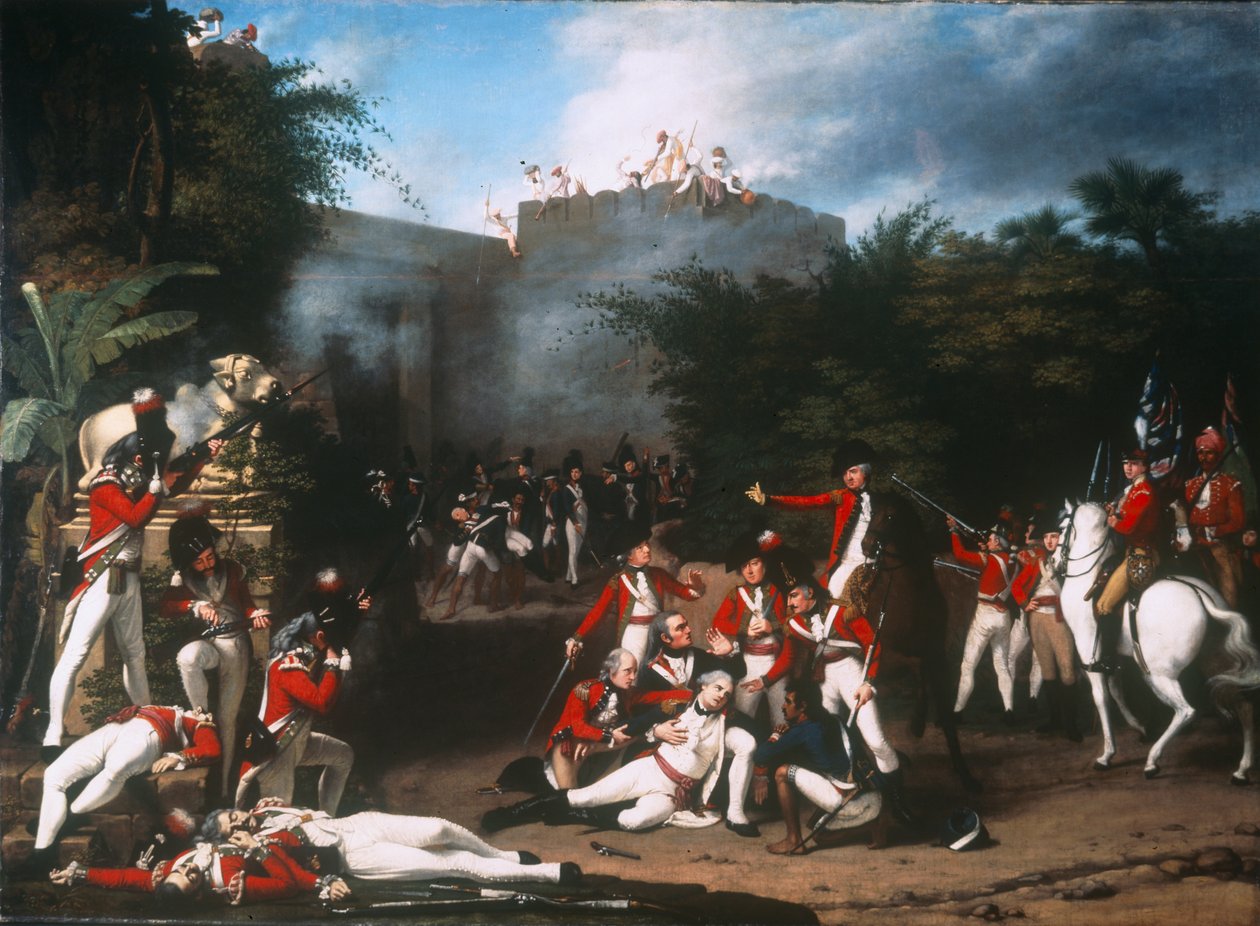 Eversti Moorehousen kuolema Bangaloren Pettah-portin myrskyssä 7. maaliskuuta 1791, 1793 tekijältä Robert Home