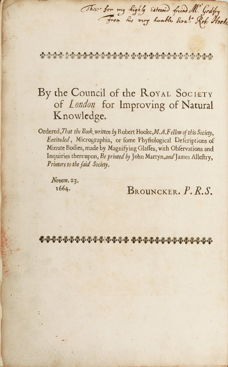 Allekirjoitettu sivu "Micrographia: tai joitakin fysiologisia kuvauksia suurennuslaseilla tehdyistä pienikokoisista kappaleista", 1665 tekijältä Robert Hooke