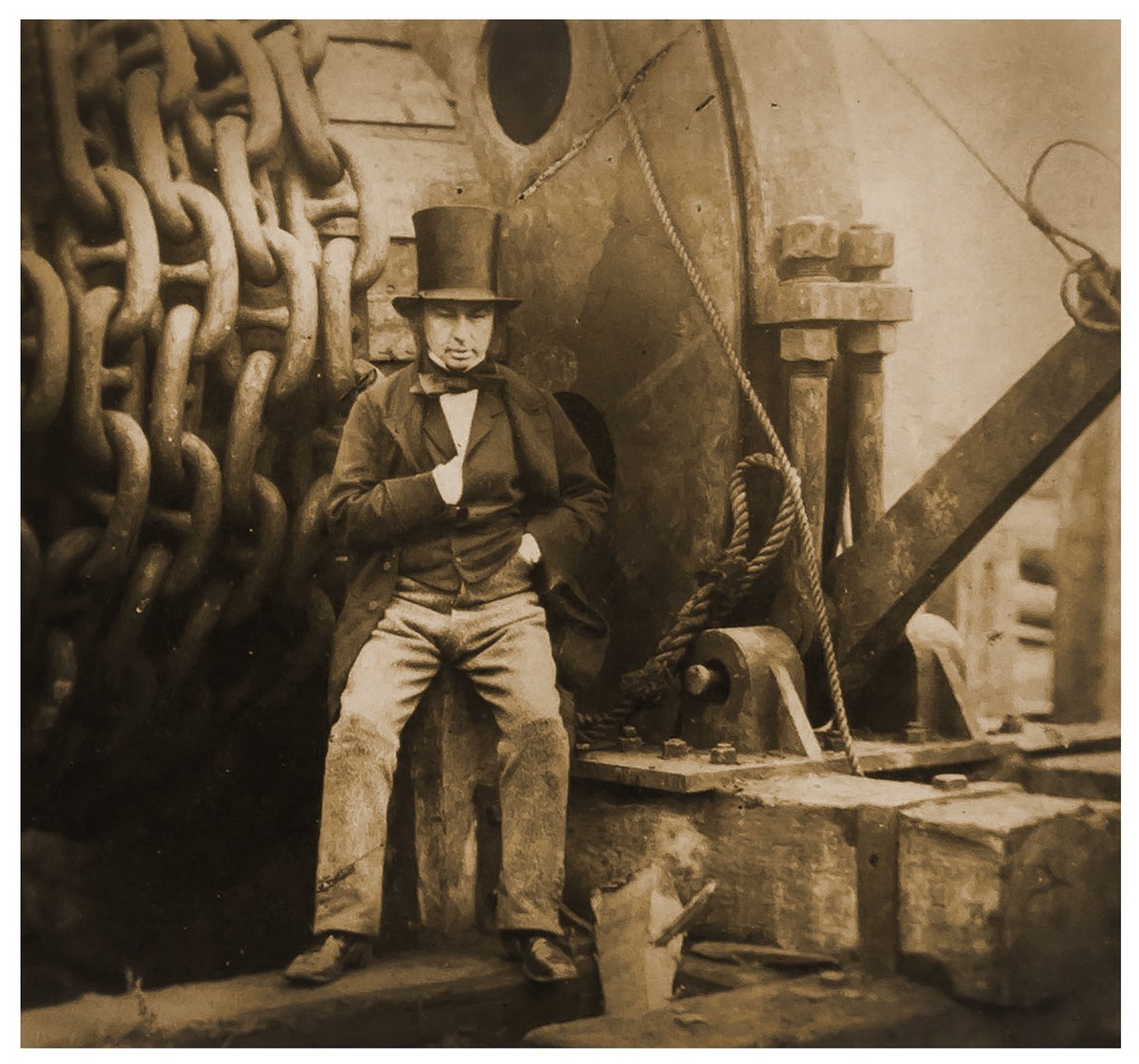 Isambard Kingdom Brunel SS Great Eastern -aluksen vesillelaskuketjujen luona, 1857. tekijältä Robert Howlett
