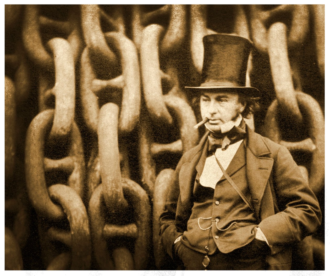 Isambard Kingdom Brunel SS Great Eastern -aluksen vesillelaskuketjujen luona, 1857. tekijältä Robert Howlett