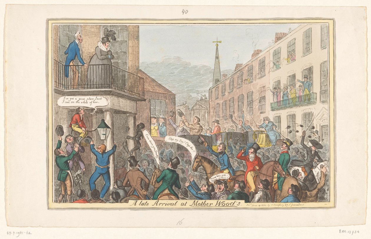 Spotprent op prinses Caroline, 1820 Myöhäinen saapuminen Mother Woodin luo (otsikko esineessä) tekijältä Robert Isaac Cruikshank (attributed to workshop of)