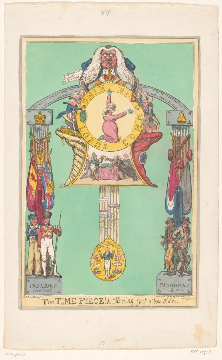 Kello, jossa kuningatar kellotaulussa, 1820 Aikapala! ja ovela Jack molemmin puolin tekijältä Robert Isaac Cruikshank
