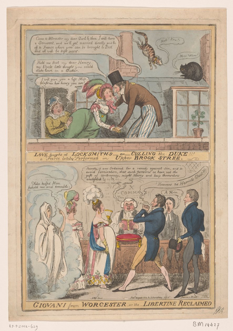 Spotprent yli het huwelijk van de markies van Worcester ja Anne Francis Culling Smith, 1822 Rakkaus nauraa lukkosepäille -tai- teurastaville herttua!!! farssi, joka on äskettäin esitetty Upper Brook Streetillä / Giovani Worcesterista -tai- libertine palaut tekijältä Robert Isaac Cruikshank