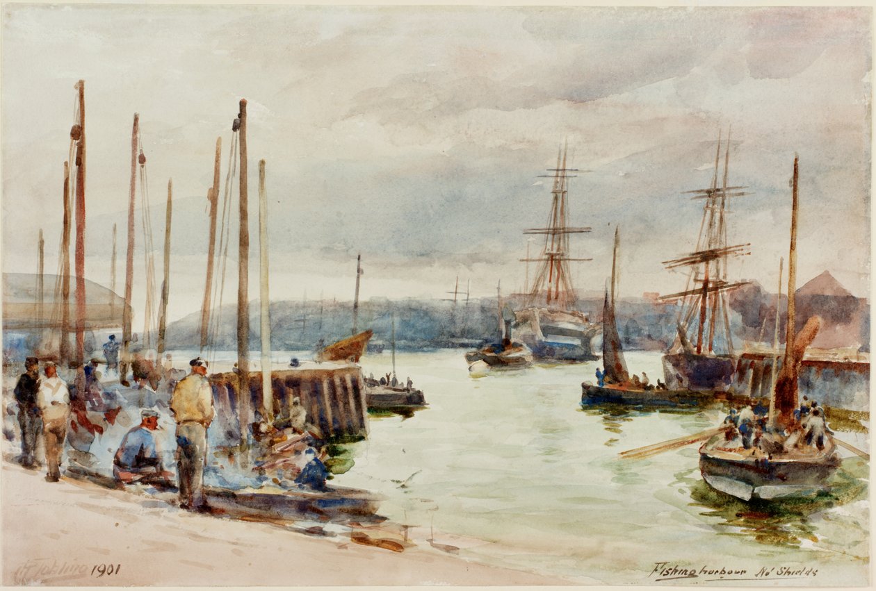 Fishing Harbour, North Shields (kynä ja akvarelli paperille) tekijältä Robert Jobling
