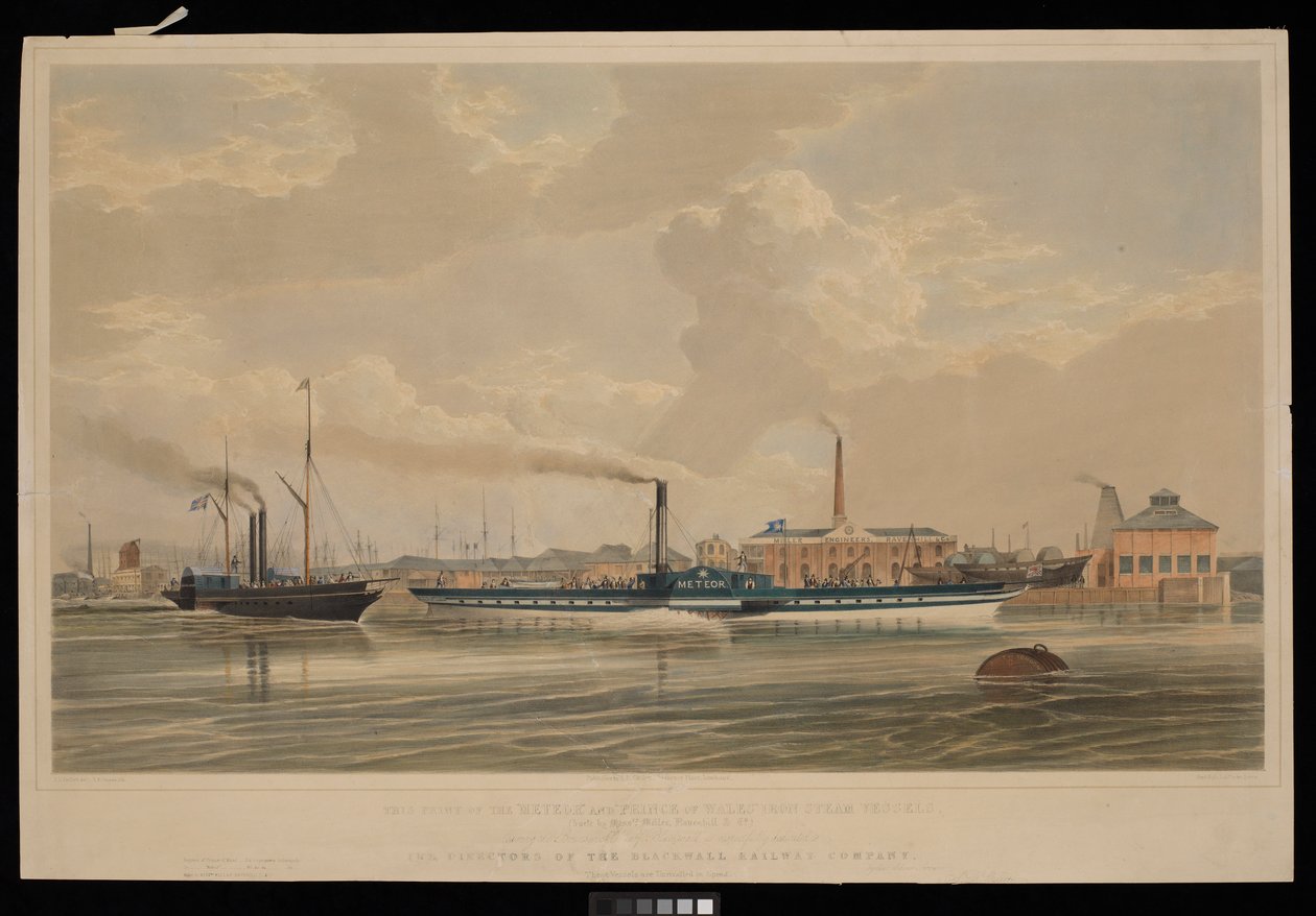 Tämä vedos rautahöyrylaivoista "Meteor" ja "Prince of Wales"... lähdössä Brunswick Wharfista, Blackwall... omistettu Blackwall Railway Companyn johtajille. tekijältä Robert Kent (after) Thomas