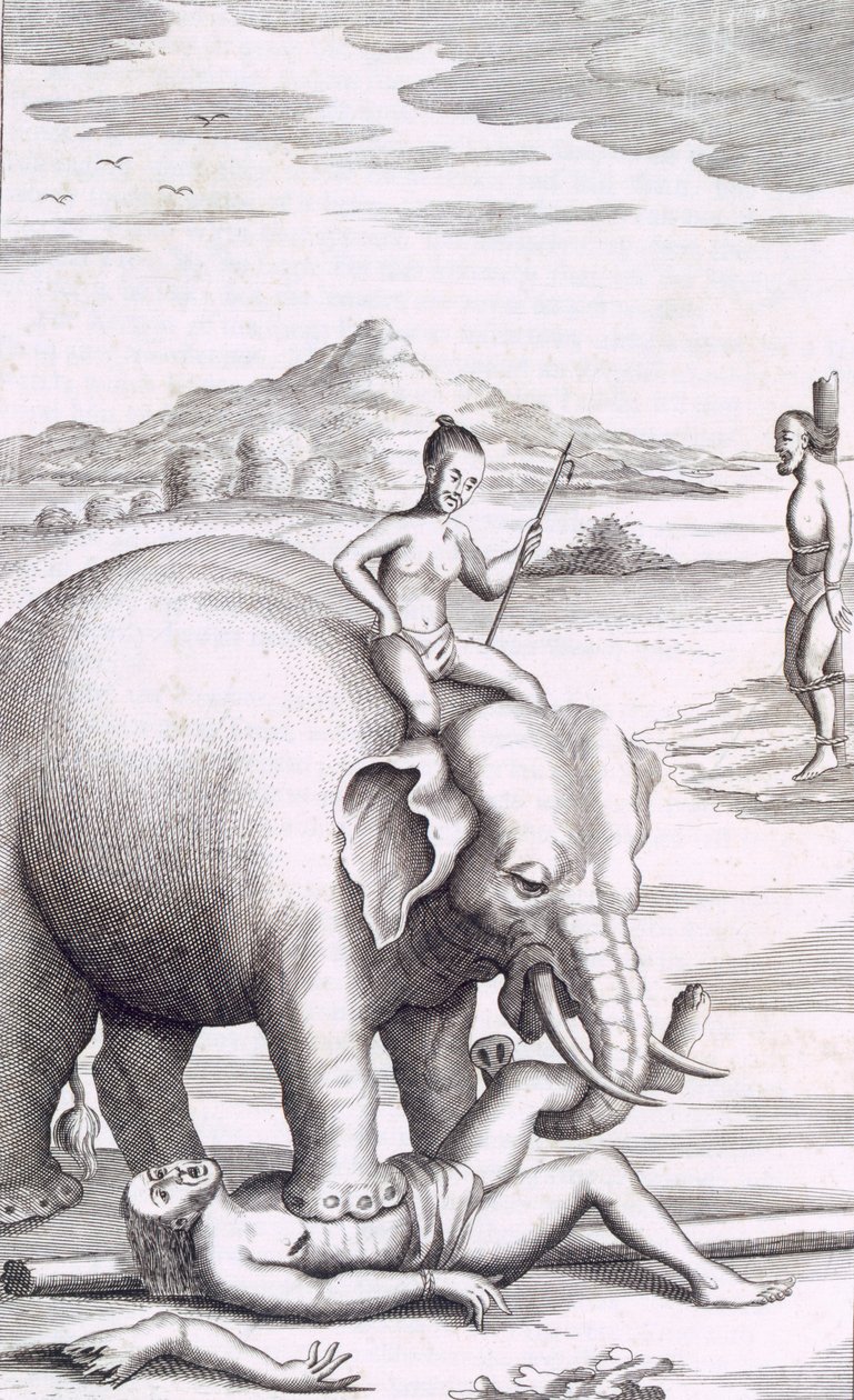 Elefantin teloitus, pubi. 1681. tekijältä Robert Knox