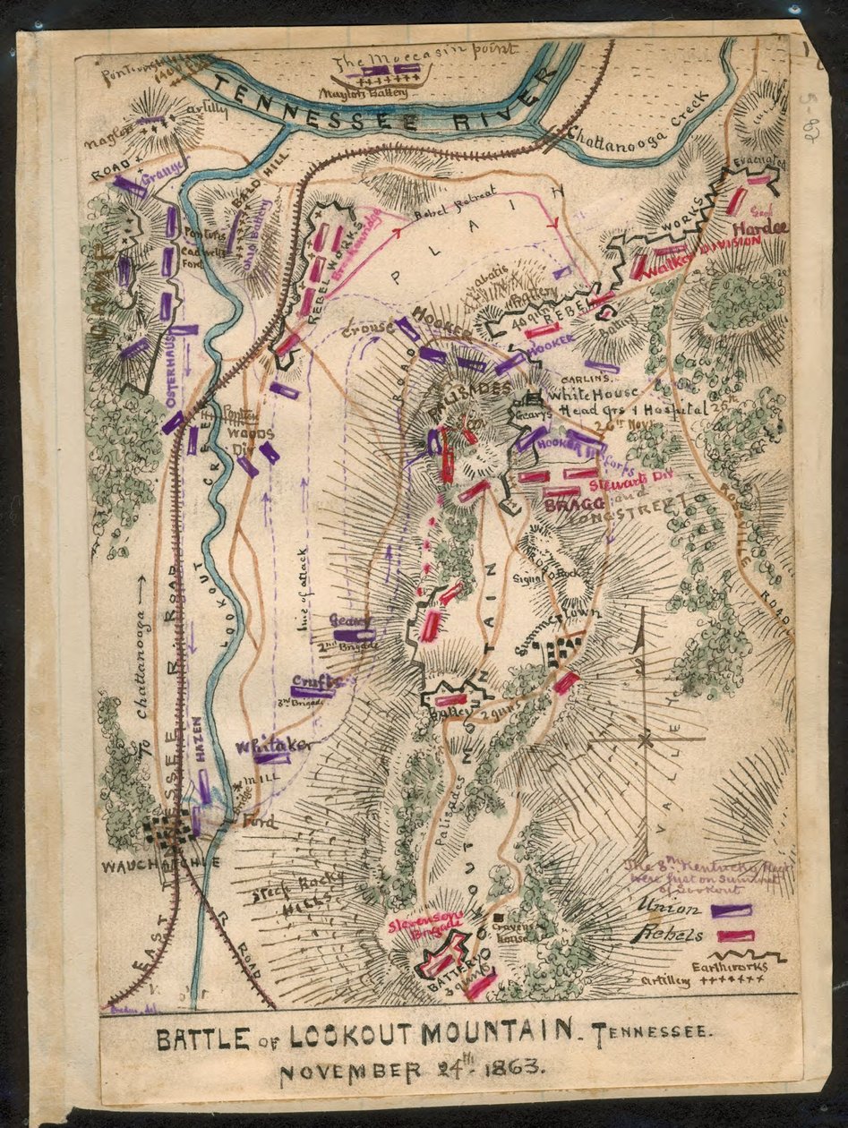 Lookout Mountainin taistelu, Tennessee 24. marraskuuta 1863. LOC gvhs01.vhs00173 tekijältä Robert Knox Sneden