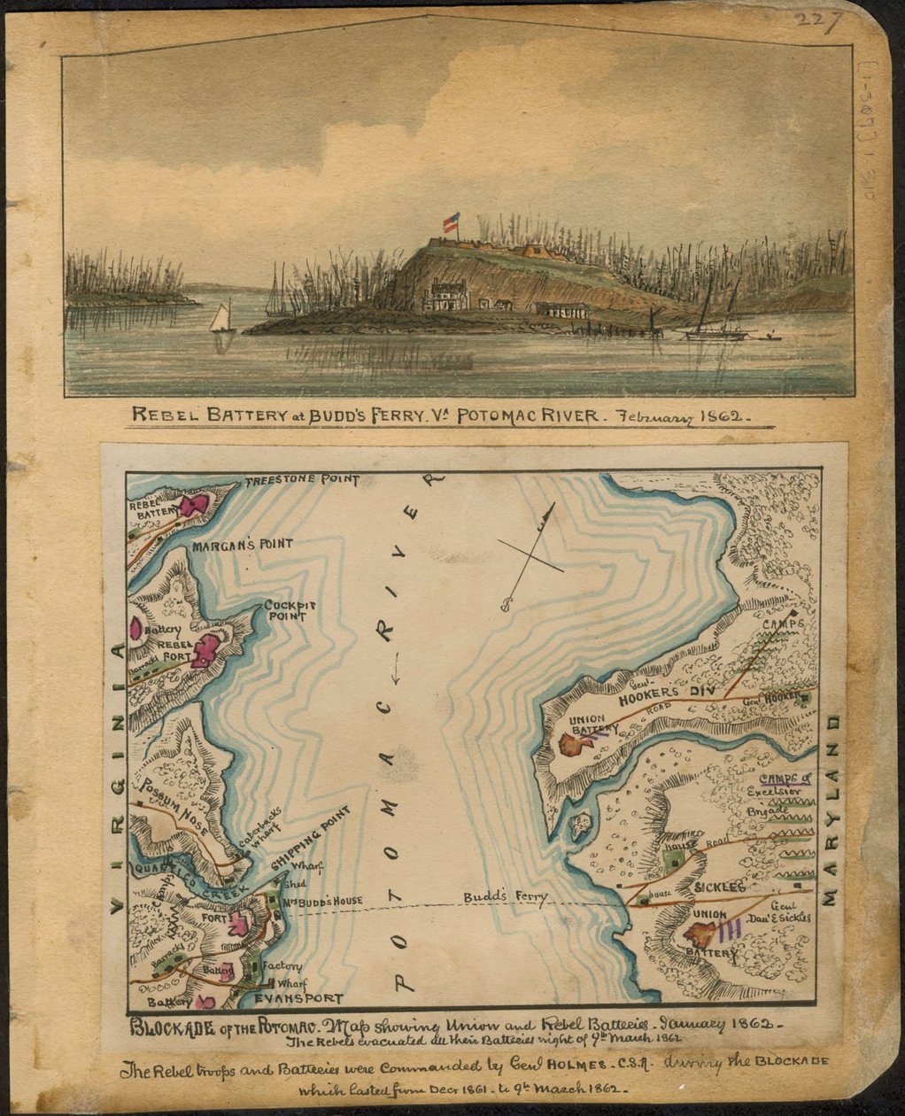Potomacin saarto. Kartta, jossa näkyvät unionin ja kapinallisten patterit tammikuussa 1862. Kapinalliset evakuoivat kaikki patterinsa 4. maaliskuuta 1862 yöllä. LOC gvhs01.vhs00066 tekijältä Robert Knox Sneden