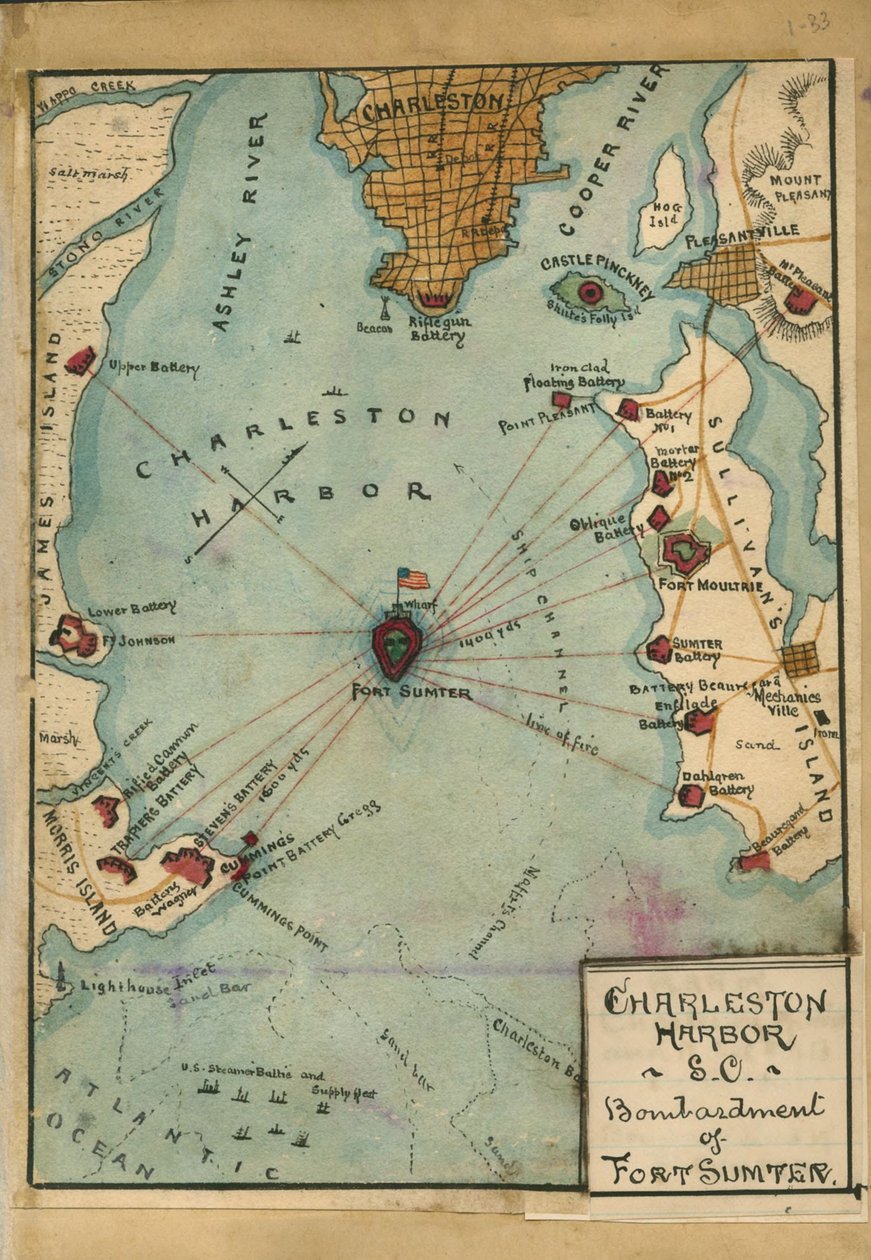 Charleston Harbor S.C. Fort Sumterin pommitus. LOC gvhs01.vhs00058 tekijältä Robert Knox Sneden