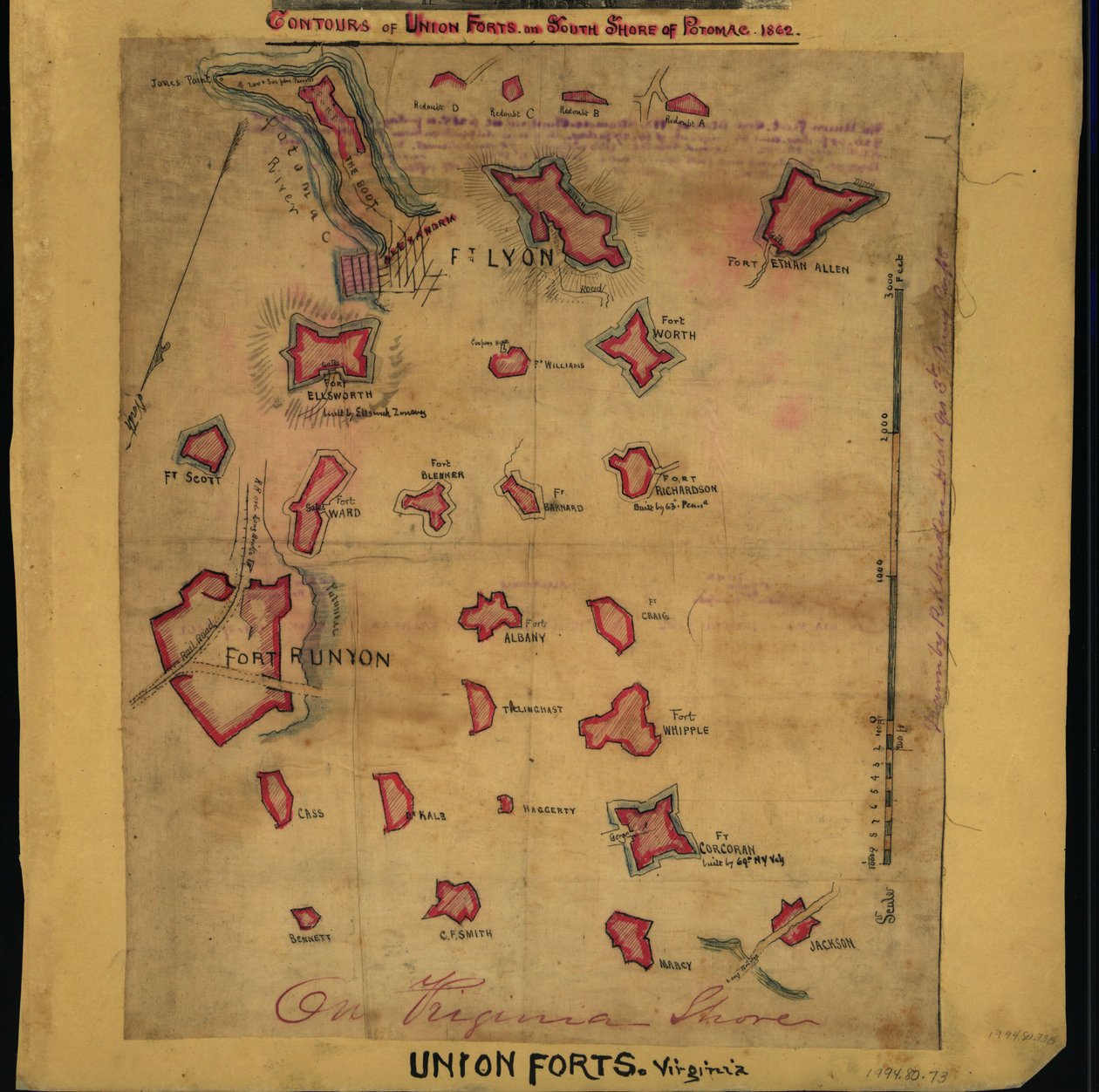 Potomacin eteläpuolella sijaitsevien unionin linnakkeiden ääriviivat vuonna 1862 (kartta). LOC gvhs01.vhs00242 tekijältä Robert Knox Sneden