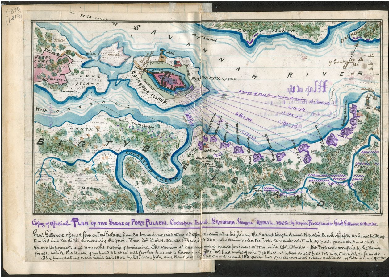 Kopio virallisesta suunnitelmasta Pulaskin linnoituksen piirityksestä. Cockspur Island. Savannah Georgia huhtikuu 1862 - Unionin joukot kenraalien Gillmore ja Hunter johdolla. LOC gvhs01.vhs00084 tekijältä Robert Knox Sneden