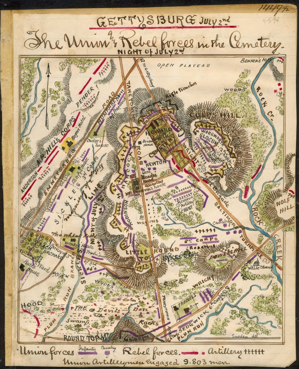 Gettysburg 2. heinäkuuta Unionin ja kapinallisten joukot hautausmaalla. LOC gvhs01.vhs00148 tekijältä Robert Knox Sneden