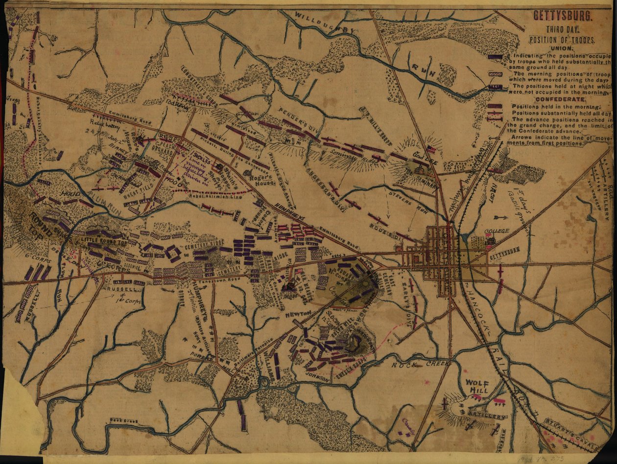 Gettysburg Kolmas päivä. Joukkojen asema tekijältä Robert Knox Sneden
