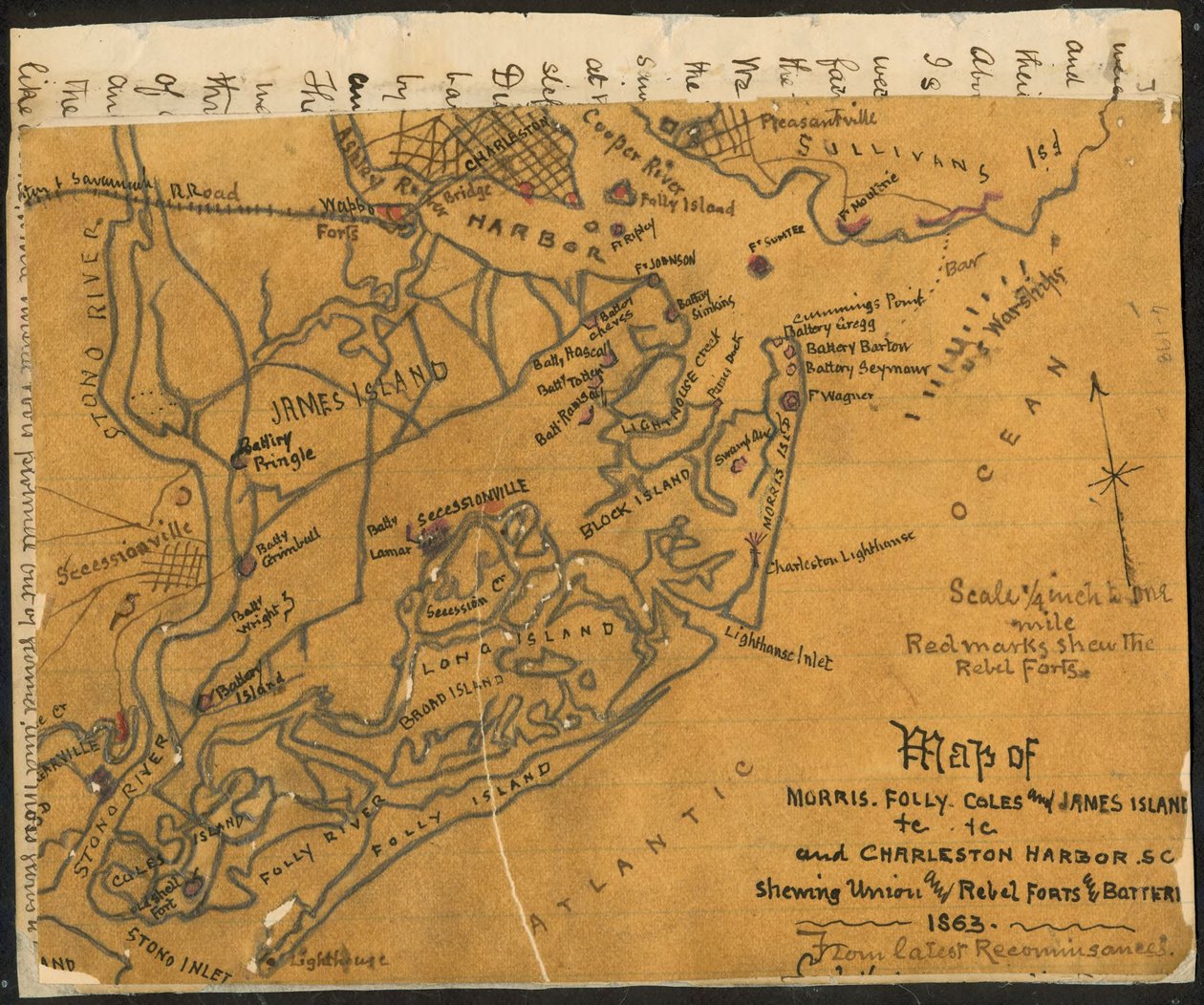Kartta Morris-, Folly-, Coles- ja James-saarista jne. sekä Charlestonin satamasta, S.C., jossa näkyy (sic) unionin ja kapinallisten linnakkeet ja patterit, 1864. LOC gvhs01.vhs00184. tekijältä Robert Knox Sneden
