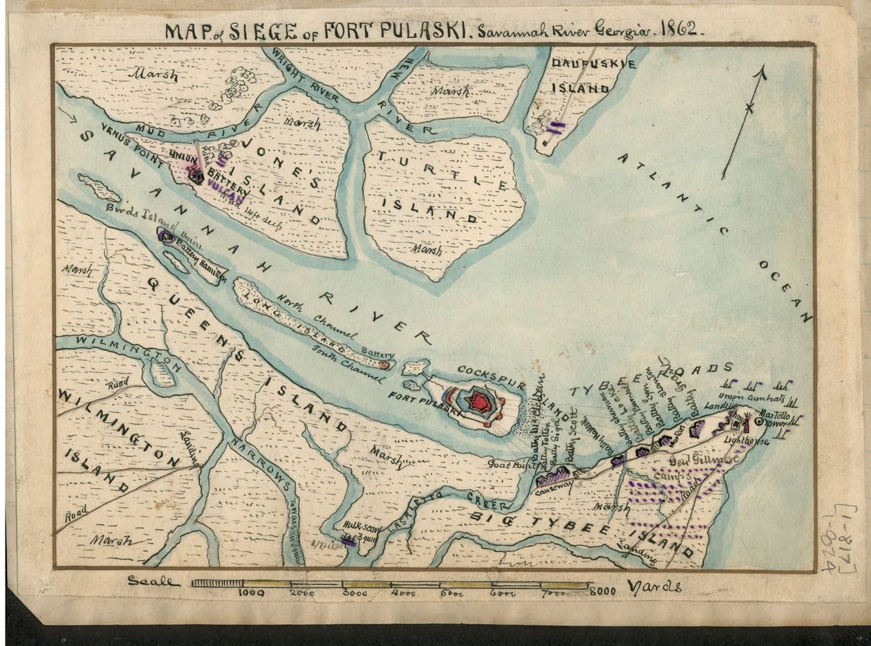 Kartta Fort Pulaskin piirityksestä - Savannah River Georgia. 1862. LOC gvhs01.vhs00085 tekijältä Robert Knox Sneden