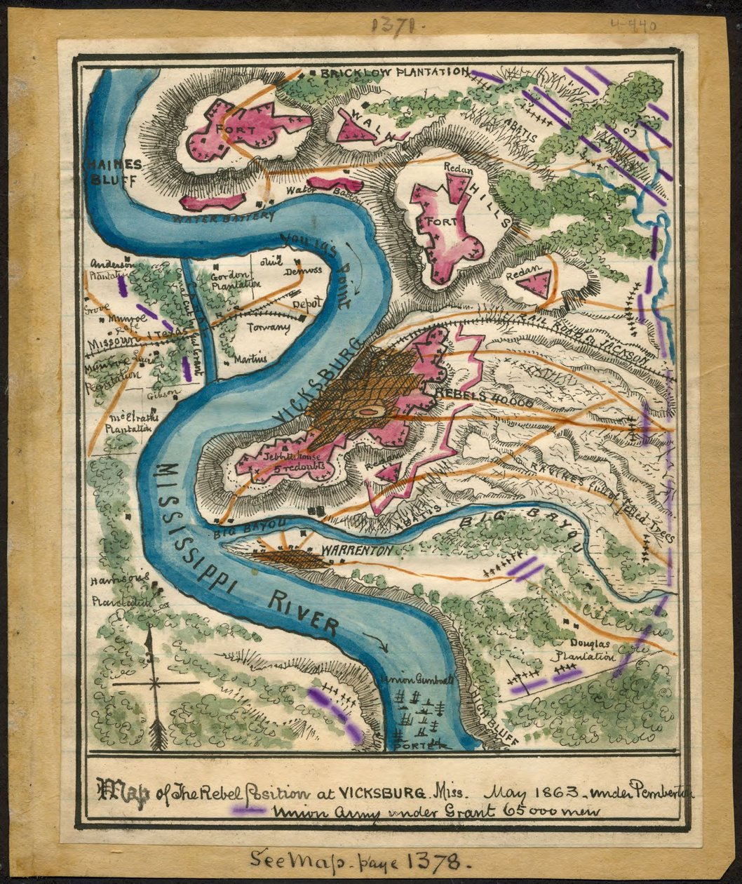Kartta kapinallisten asemista Vicksburgissa, Mississippi, toukokuu 1863. LOC gvhs01.vhs00140 tekijältä Robert Knox Sneden