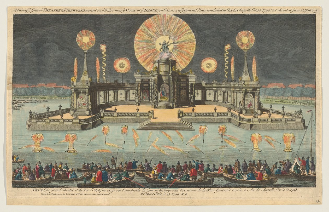 Näkymä suureen teatteriin ja ilotulitteisiin, jotka on pystytetty veteen lähellä Haagissa sijaitsevaa tuomioistuinta O..., 1794. tekijältä Robert Laurie