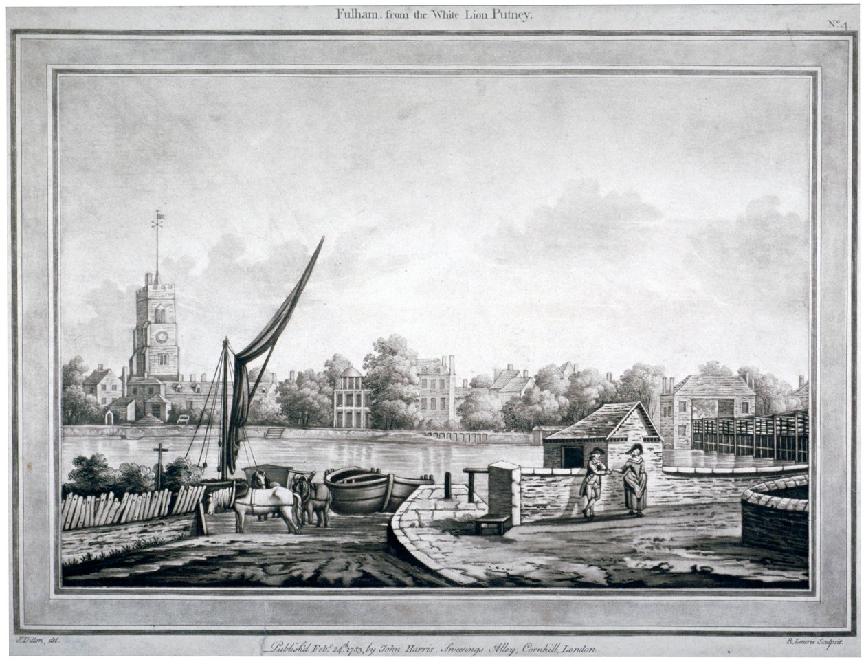 Näkymä Fulhamiin White Lion Innistä, Putney, Lontoo, 1783 tekijältä Robert Laurie