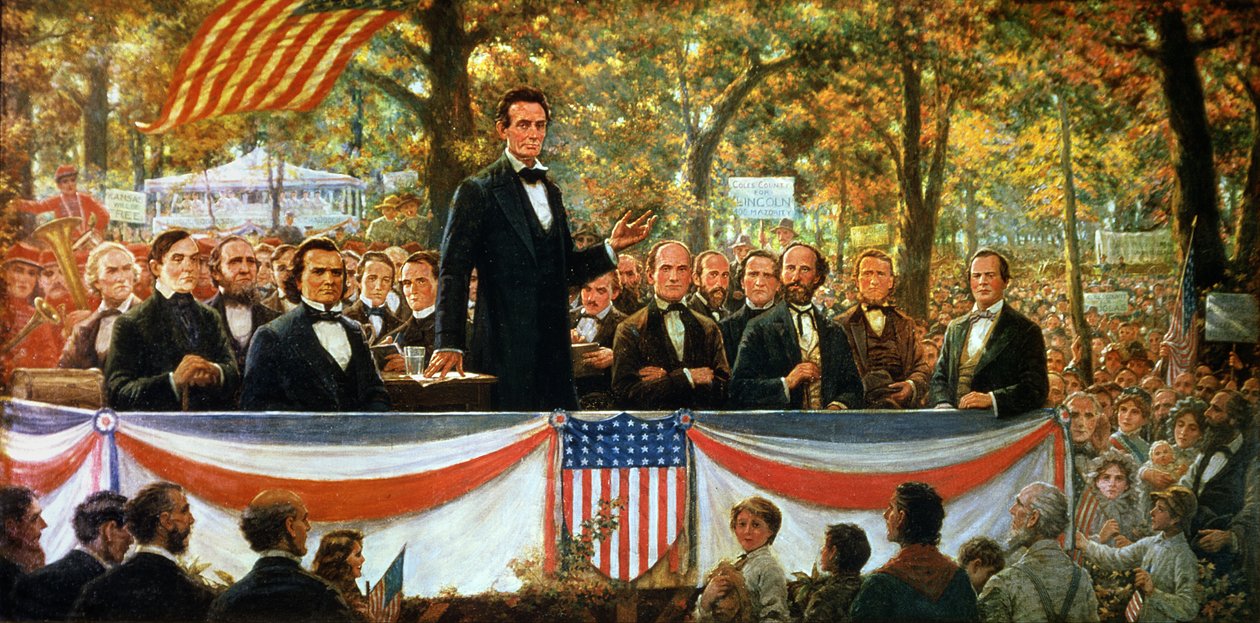 Abraham Lincoln ja Stephen A. Douglas keskustelevat Charlestonissa, Illinoisissa 18. syyskuuta 1858 1918 tekijältä Robert Marshall Root