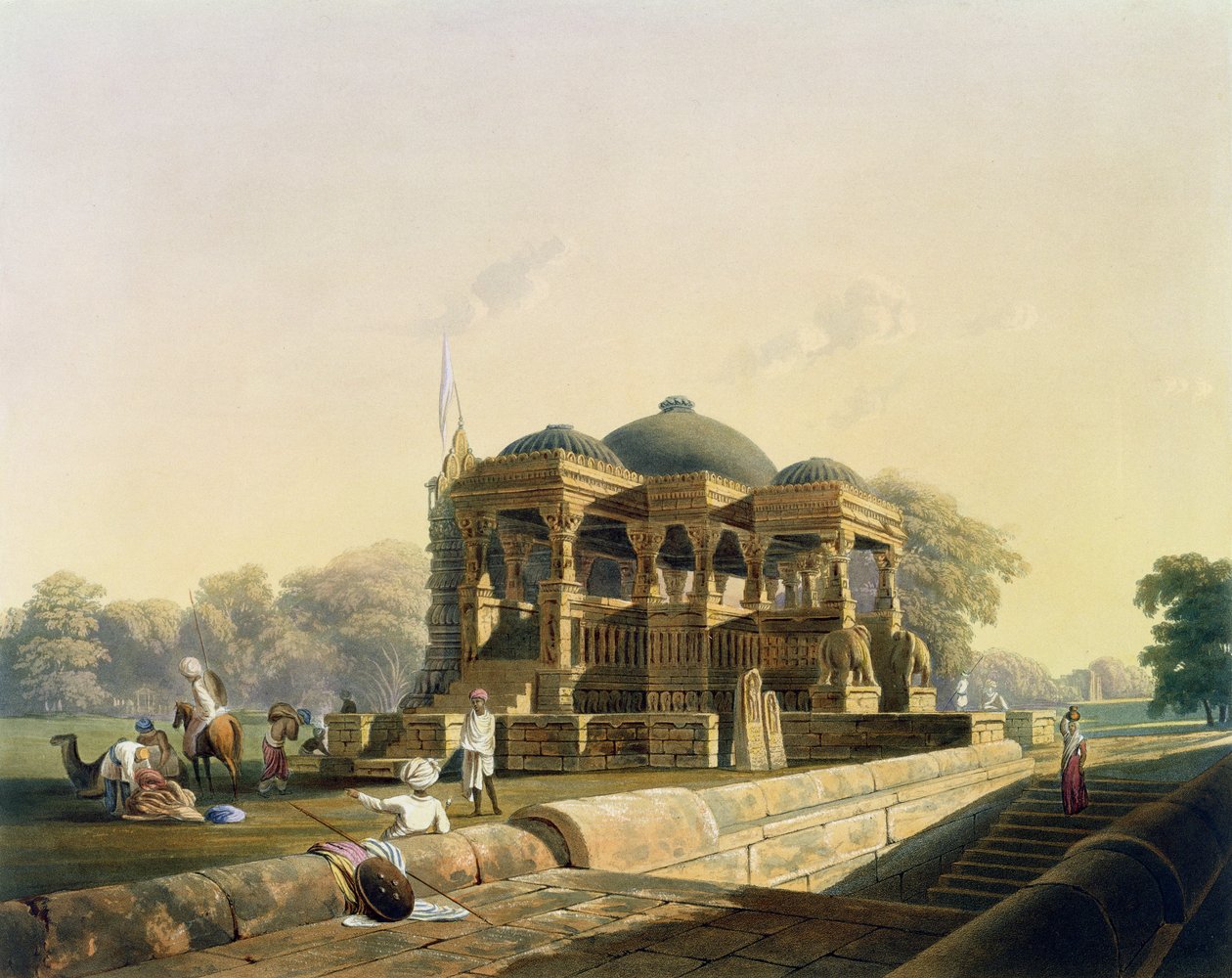 Muinainen temppeli Hulwudissa, kirjan "Scenery, Costumes and Architecture of India" I osasta, maalannut F. Witherington, kaivertanut G. Hunt ja värittänyt J. B. Hogarth, pub. kirjoittanut Ackermann, 1826 (akvatiini tekijältä Robert Melville Grindlay