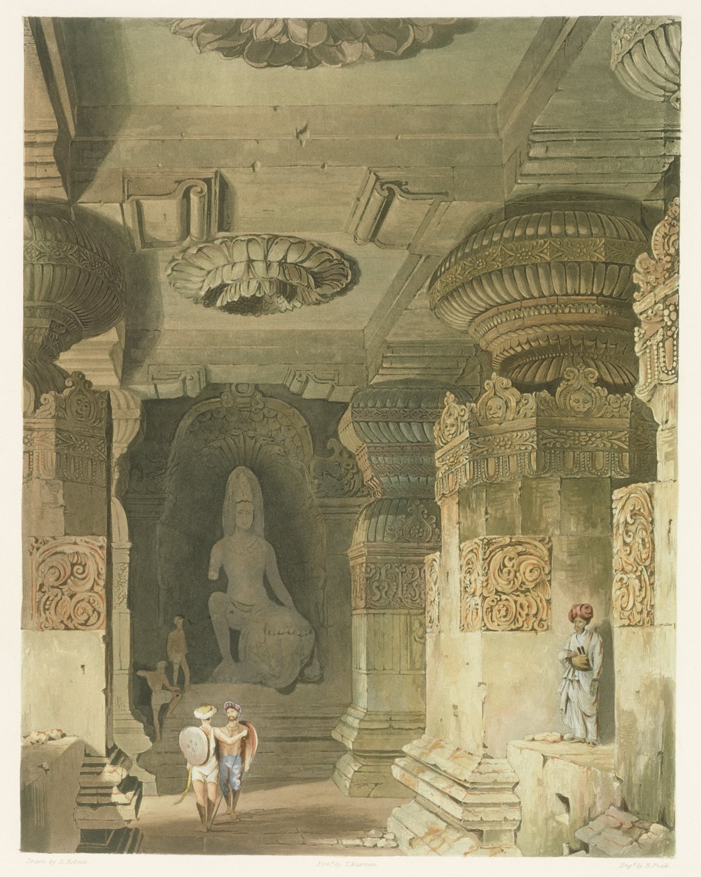 Indra Subban luolatemppelin sisustus Ellorassa, osasta II: Scenery, puvut ja Intian arkkitehtuuri, piirtänyt David Roberts (1796-1864), kaivertanut Thomas Kearnan (fl.1821-50) ja kaiverrus tekijältä Robert Melville Grindlay