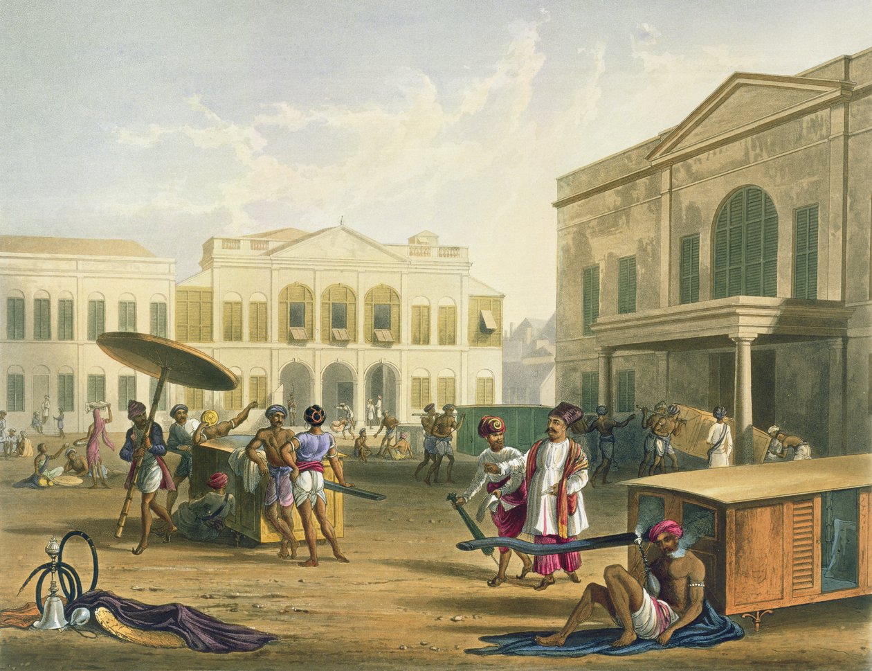 Kohtaus Bombayssa kirjan "Scenery, Costumes and Architecture of India" I osasta, kaiverrettu R.G. Reeve (fl.1811-37) ja värittänyt J.B. Hogarth, pub. kirjoittanut Ackermann, 1826 (akvatinta) tekijältä Robert Melville Grindlay