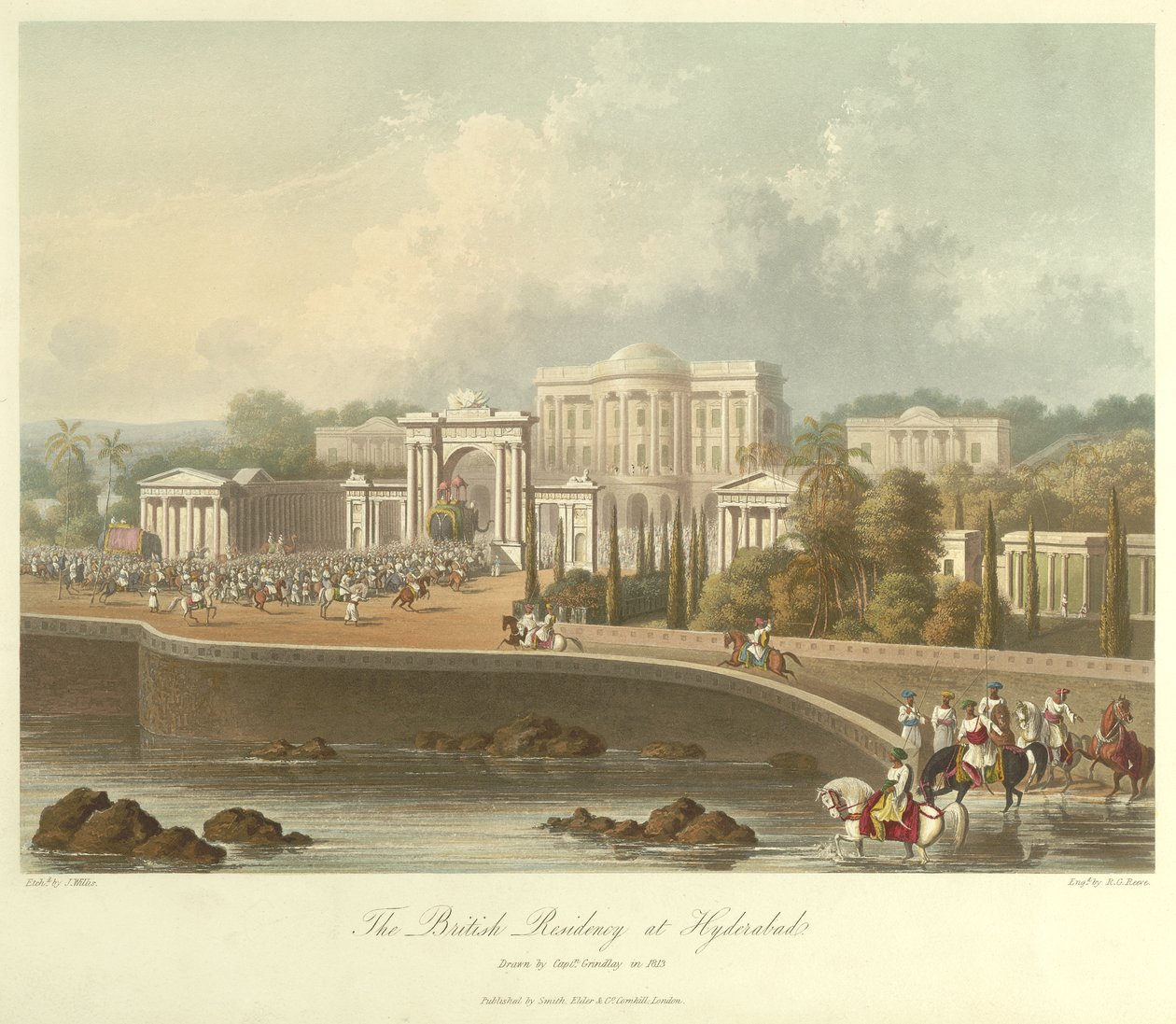 Brittiläinen residenssi Hyderabadissa, piirretty vuonna 1813 tekijältä Robert Melville Grindlay