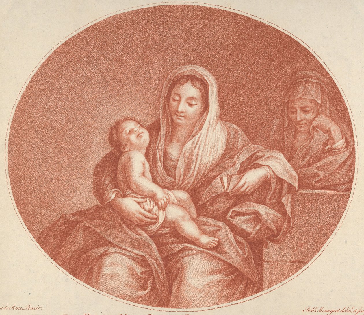 Neitsyt istuu Kristus-lapsen kanssa, joka nukkuu sylissään, Pyhä Elisabet oikealla, 1776. tekijältä Robert Menageot