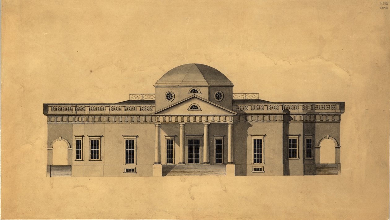 Monticello: 2. versio länsikorkeus, recto, 1803 kynä ja muste wc:llä paperilla tekijältä Robert Mills