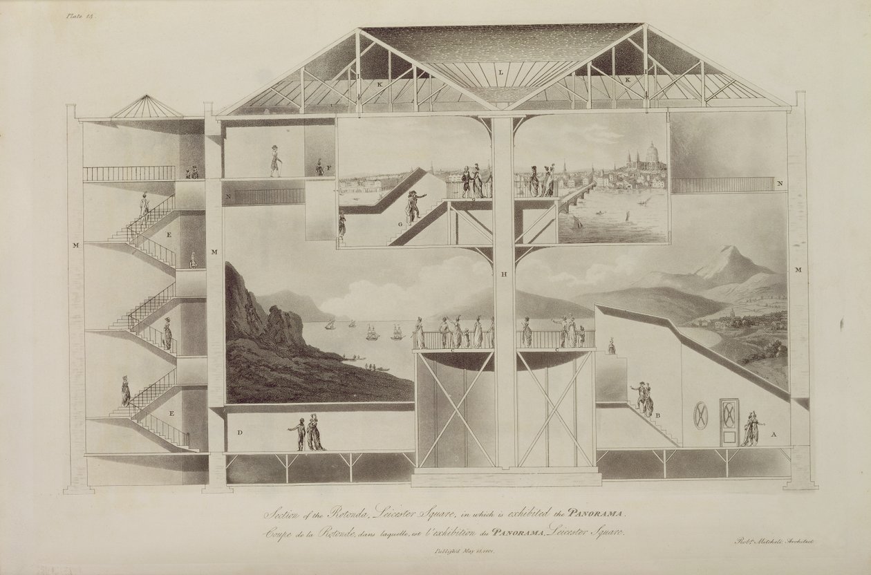 Osio Rotundasta, Leicester Square, teoksesta "Plans and Views in Perspective... of Buildings in England", 1801 (akvatinta) tekijältä Robert Mitchell